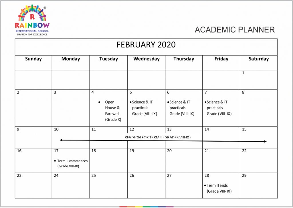 Rainbow international School Academic Calendar