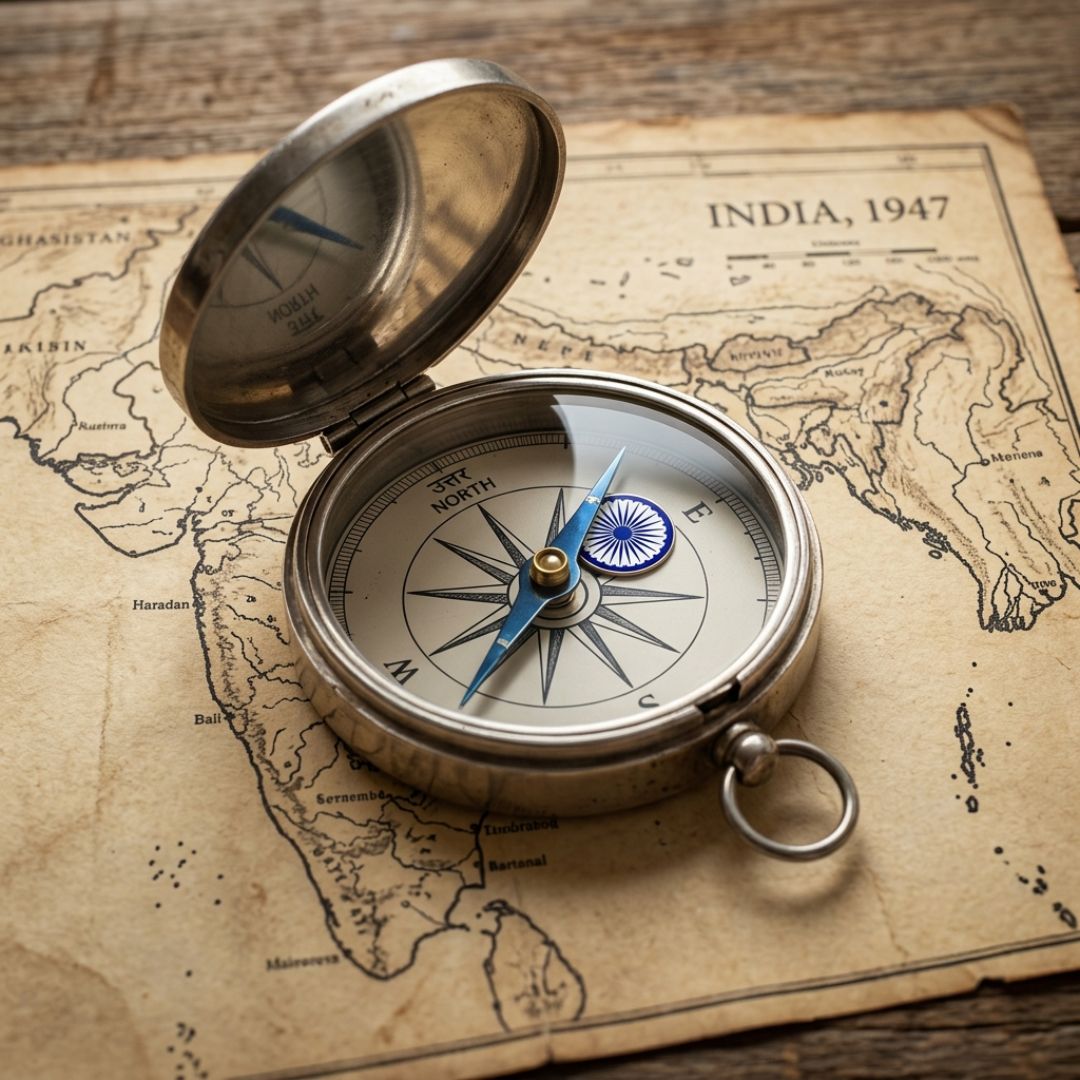 Vintage compass on India 1947 map