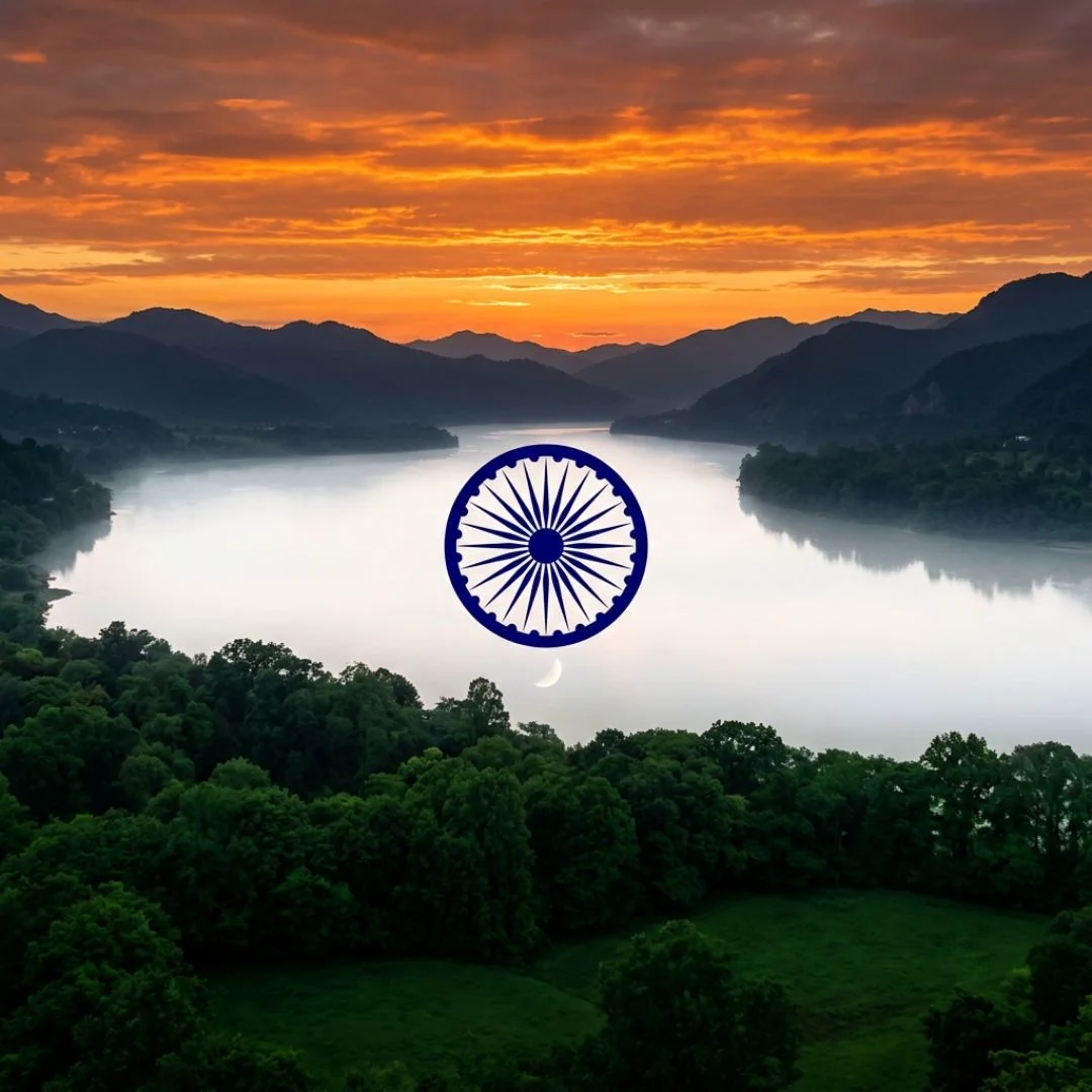 Ashoka Chakra over India's nature — aerial view