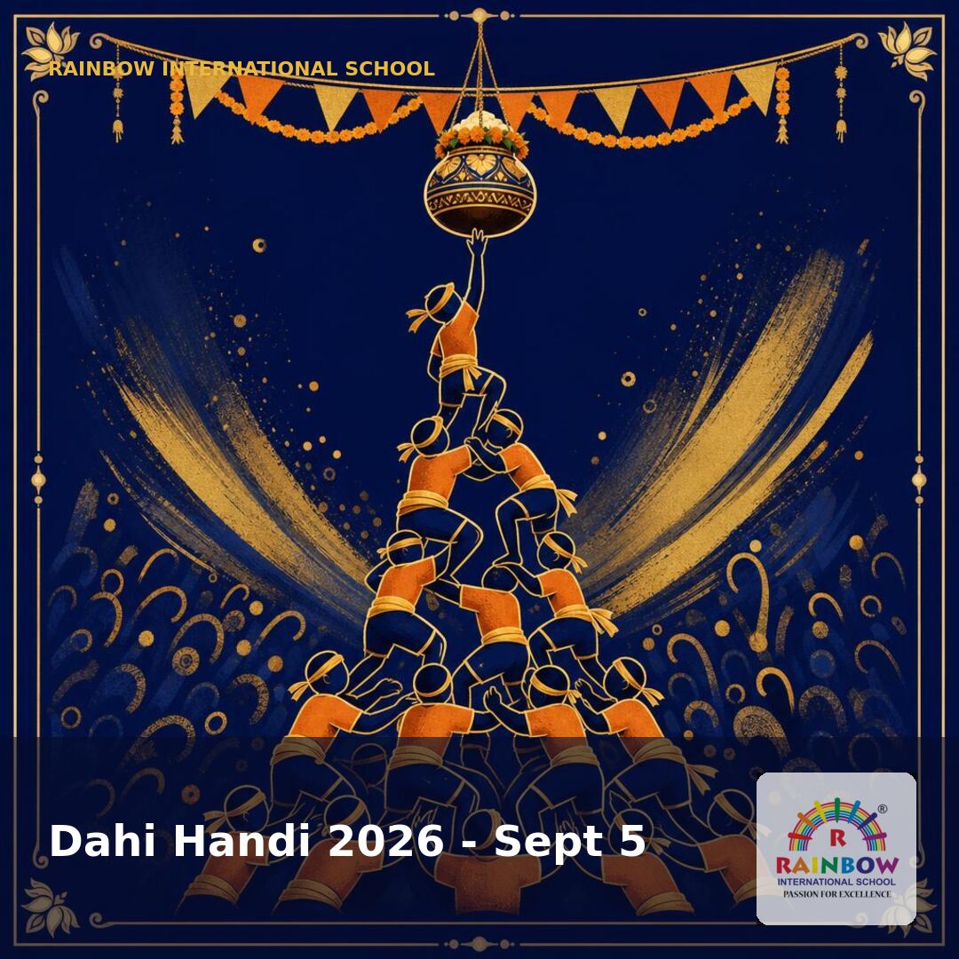 Janmashtami 2026 stylised Dahi Handi human pyramid illustration — free download from Rainbow International School