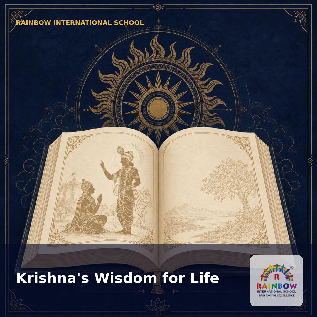 Janmashtami 2026 Bhagavad Gita and Sudarshan Chakra motif — free download from Rainbow International School