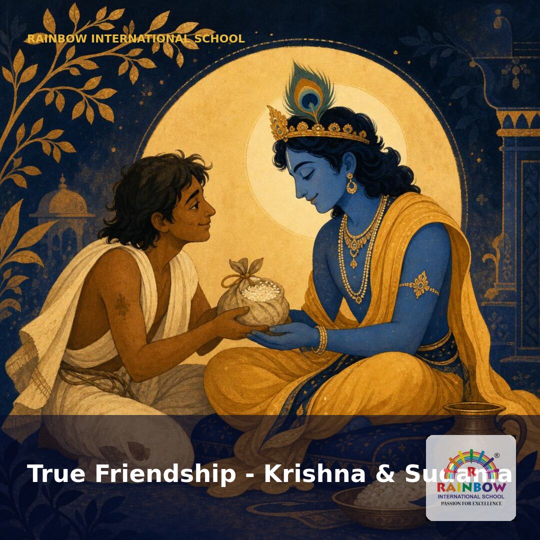 Janmashtami 2026 Krishna and Sudama friendship illustration — free download from Rainbow International School