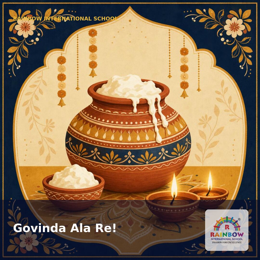 Janmashtami 2026 decorated matki with butter and diyas — free download from Rainbow International School