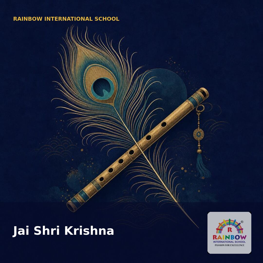Janmashtami 2026 peacock feather and flute line art — free download from Rainbow International School