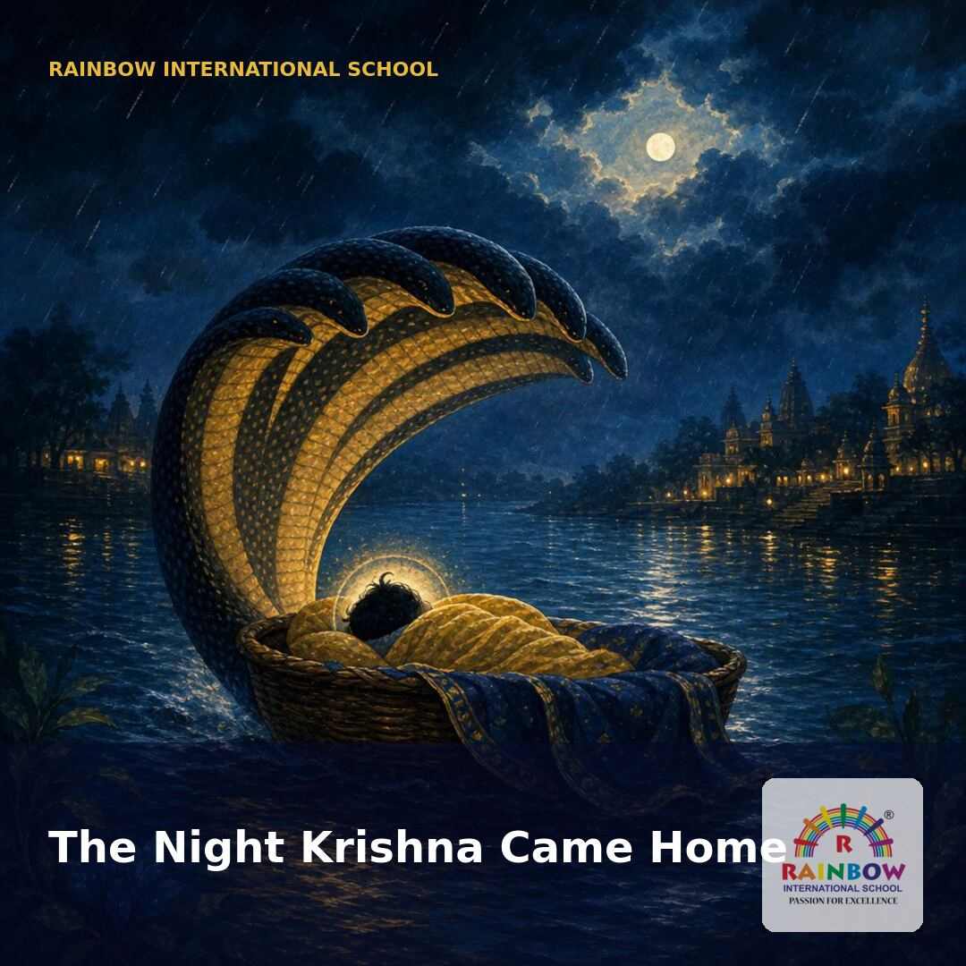 Janmashtami 2026 Yamuna river and basket journey illustration — free download from Rainbow International School