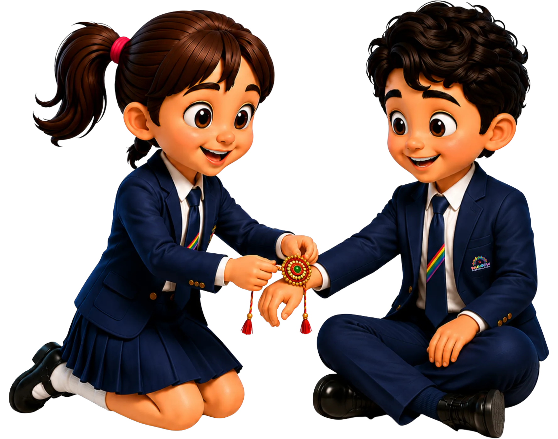 Illustration of a sister tying a rakhi on her brother's wrist — two Rainbow International School students celebrating Raksha Bandhan.