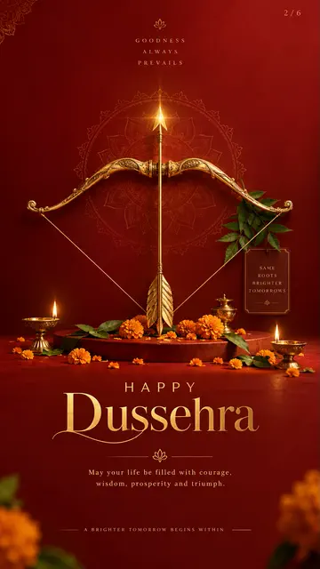 Golden bow and arrow Dussehra greeting with flowers and a diya