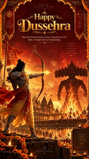 Lord Rama aiming his bow at burning Ravana in a Happy Dussehra greeting