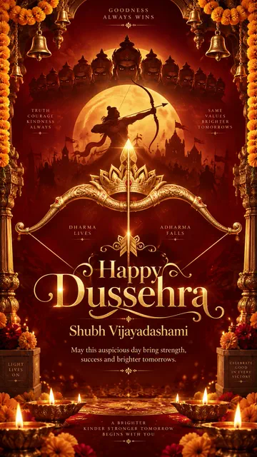 Lord Rama aiming a bow beneath Ravana faces in a Vijayadashami greeting