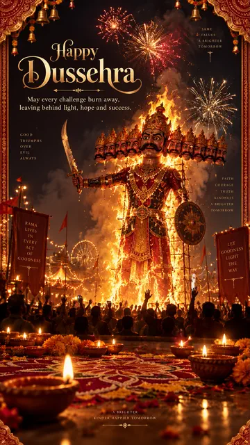 Burning Ravana effigy surrounded by fireworks and diyas for Happy Dussehra
