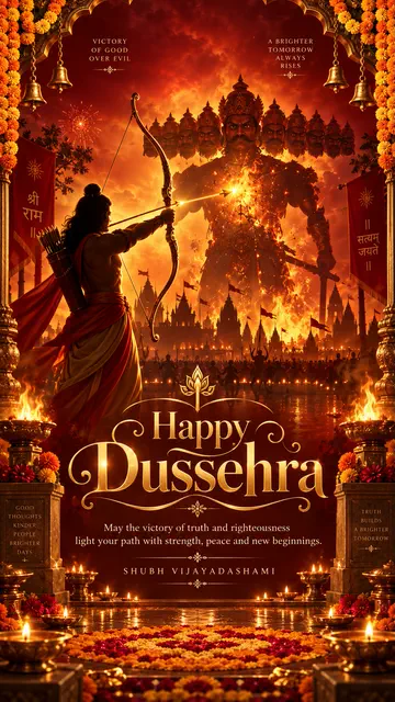 Lord Rama defeating Ravana in an ornate Happy Dussehra victory greeting