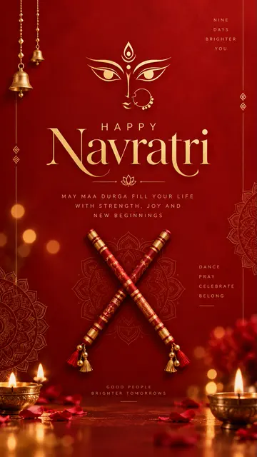 Happy Navratri greeting with crossed dandiya sticks and a golden Durga symbol