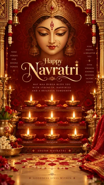 Serene Goddess Durga portrait above rows of glowing diyas for Navratri