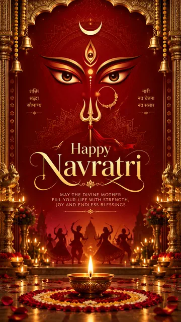 Happy Navratri greeting with sacred Durga eyes, diyas and a red festive background
