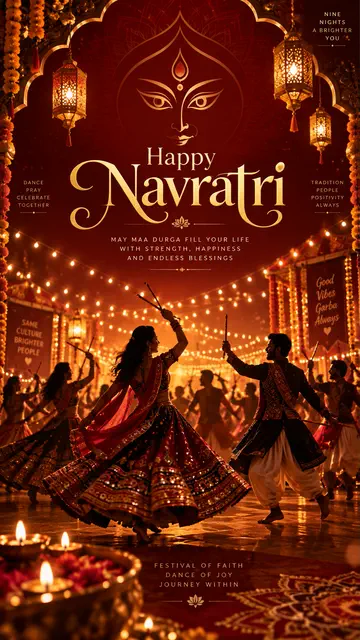 Navratri Garba dancers celebrating under festive lights