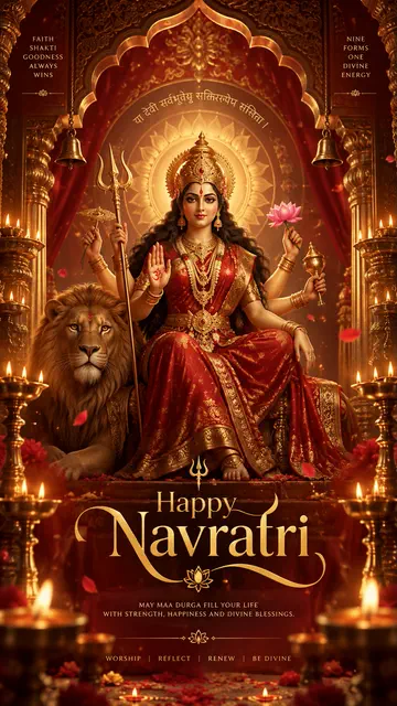 Goddess Durga seated with a lion in an ornate Happy Navratri greeting