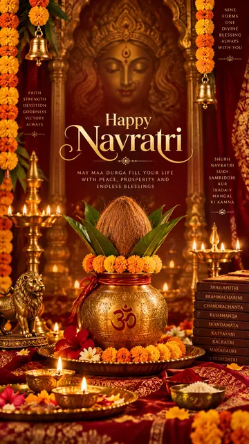 Happy Navratri greeting with decorated kalash, marigolds and Goddess Durga